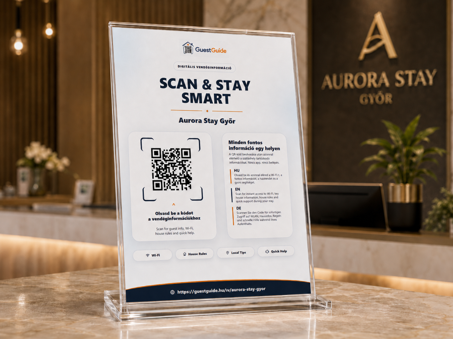 GuestGuide QR-kódos vendégtájékoztató tábla az Aurora Stay Győr recepción